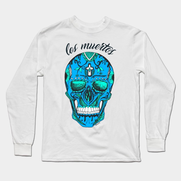 Blue Los Muertos Skull Long Sleeve T-Shirt by kenallouis